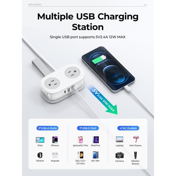 7 in 1 Power Strip, ORICO 4 Outlets 2 USB Ports